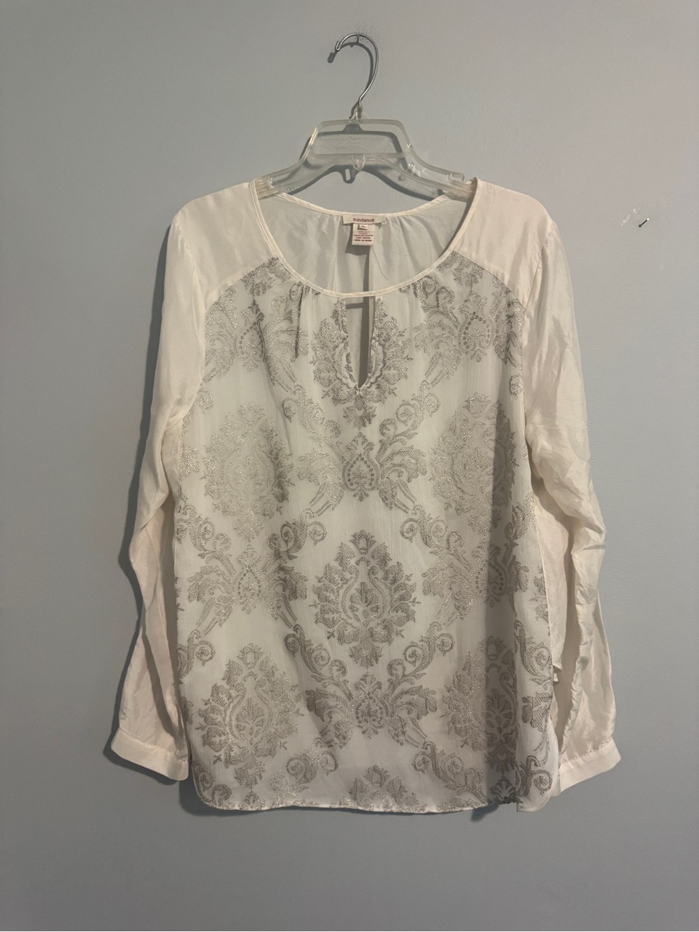 Sundance Silk Cream Blouse with Metallic Damask Print- XL